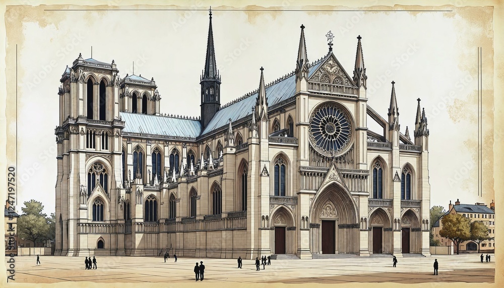 Naklejka premium Artistic blueprint rendering of a Gothic cathedral with intricate features