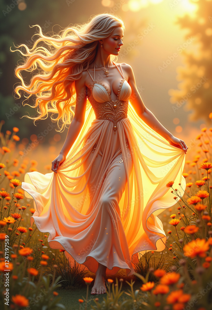 Enchanting dawn spirit drifting through wildflowers, magical serenity Enchanting dawn spirit drifting through wildflowers, magical serenity