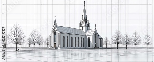3D architectural drawing of a church with spires on a technical blueprint background