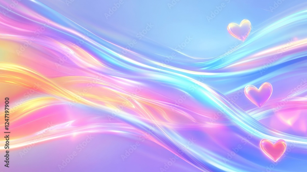 Obraz premium Dreamy Pastel Heartscape Abstract Background of Fluid Colors - A colorful abstract design featuring flowing pastel waves and heart shapes, symbolizing love, joy, emotion, connection, and romance.