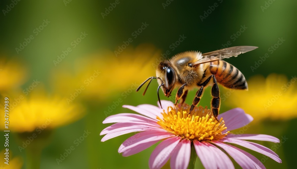 A high-resolution macro image of a bee harvesting nectar from a sunflower. The soft-focus background enhances the vibrant contrast between the golden petals and the bee’s fuzzy body