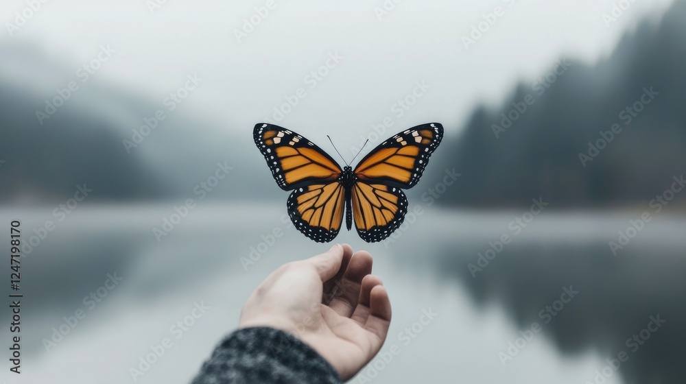 Obraz premium Monarch butterfly on hand, misty lake background, nature peace