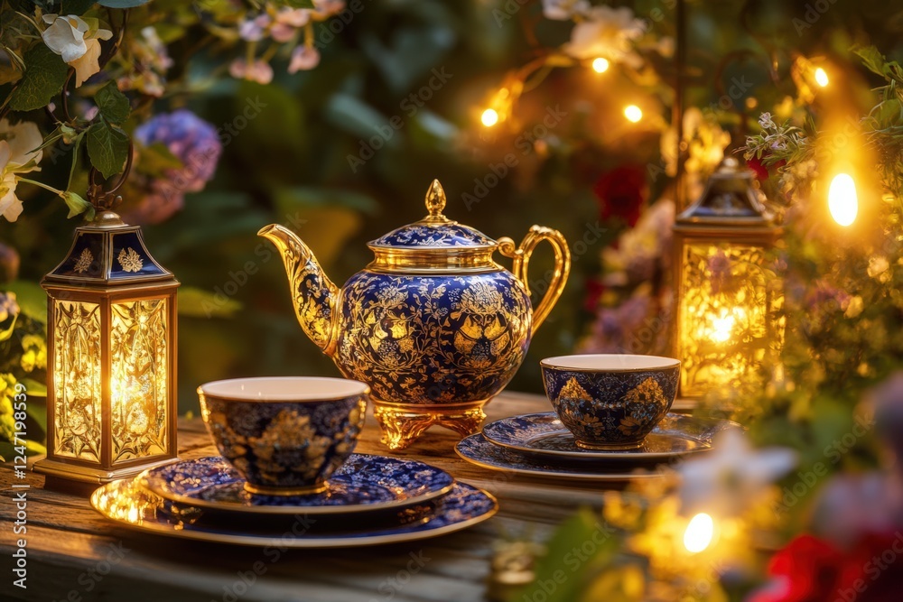 Fototapeta premium Elegant blue and gold tea set in enchanted garden with lanterns at dusk