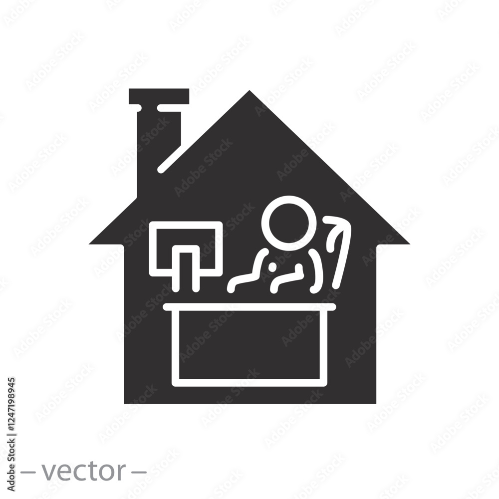 man works on the computer in house, office home icon, freelance in quarantine time, flat vector illustration man works on the computer in house, office home icon, freelance in quarantine time, flat vector illustration