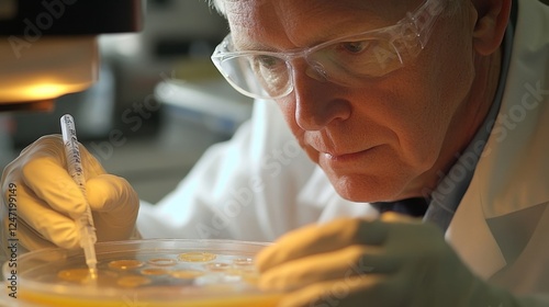 Scientist focuses intently on bacterial cultures in a petri dish, using a pipette for precise analysis. Laboratory setting emphasizes scientific research and microbiological study photo