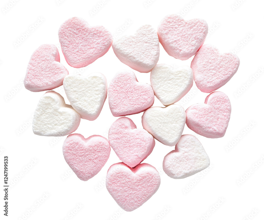 Obraz premium Soft pink and white heart-shaped marshmallows arranged in a lovely pattern, isolated on transparent cutout background