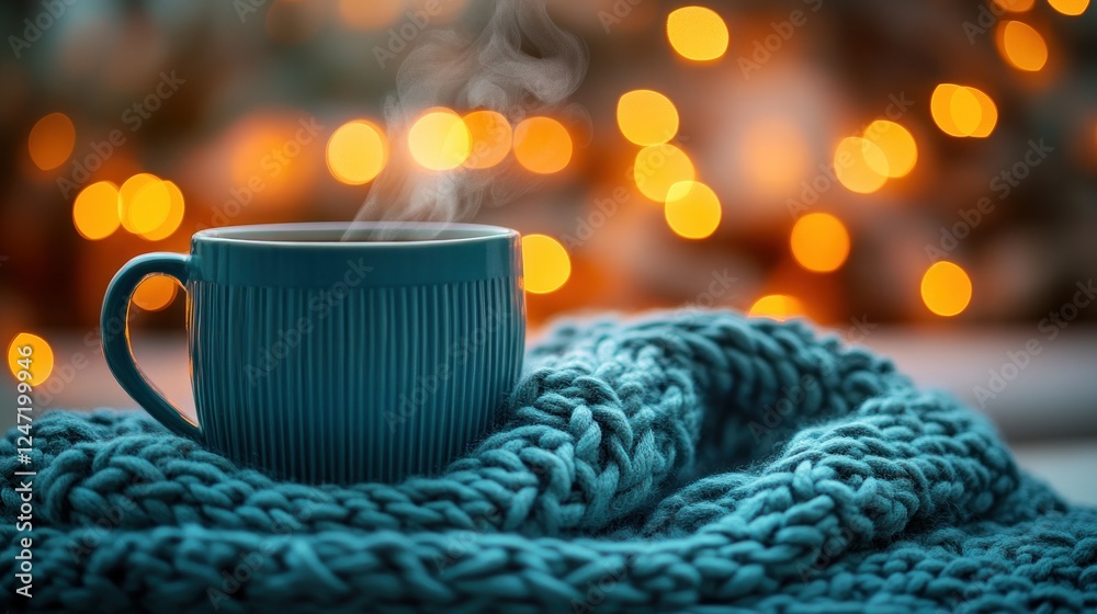 Cozy teal mug, steaming drink, knitted blanket, festive lights, winter warmth Cozy teal mug, steaming drink, knitted blanket, festive lights, winter warmth