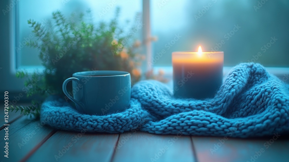 Cozy window tea, candle, & knitwear, autumn rain Cozy window tea, candle, & knitwear, autumn rain