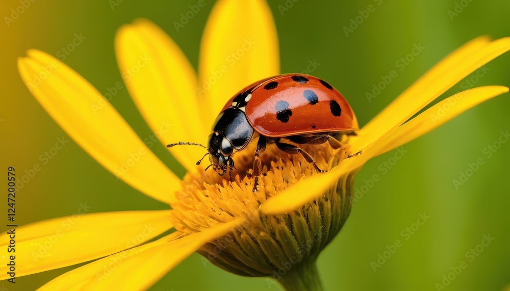 Fototapeta premium Close-up of a ladybug resting on a yellow blossom, revealing its delicate legs, antennae, and the contrast between its bright red shell and the golden petals, a symbol of good luck in nature