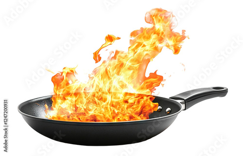 Cooking pan with bright fire flames, isolated on transparent cutout background
