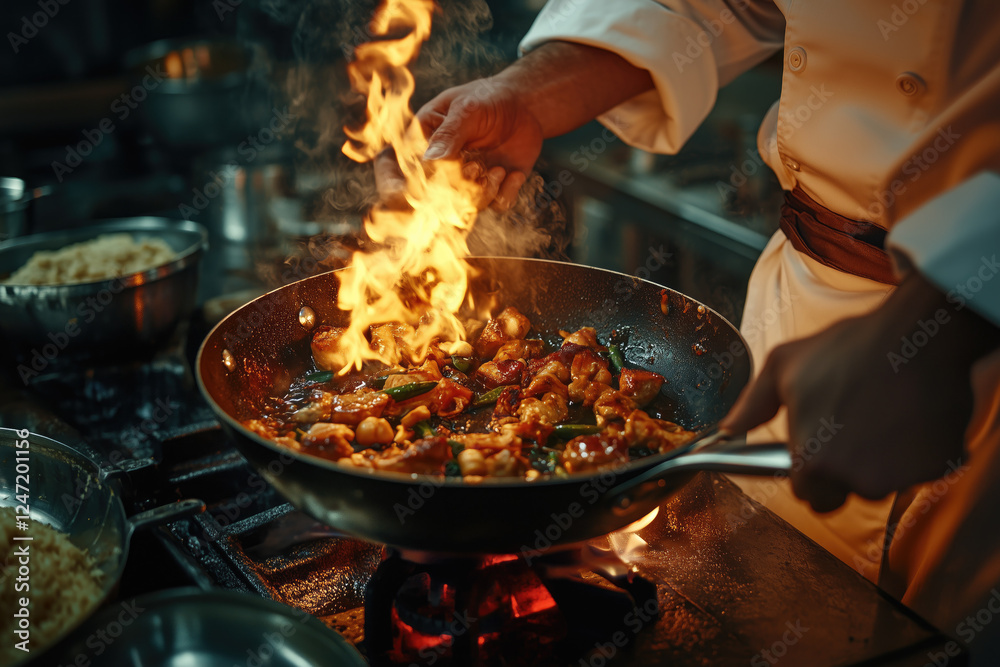 Chef skillfully stir-frying a dish with vegetables and meat in a fiery pan over high heat on a stove in commercial kitchen surrounded by ingredients Chef skillfully stir-frying a dish with vegetables and meat in a fiery pan over high heat on a stove in commercial kitchen surrounded by ingredients
