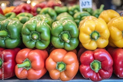Brightly colored bell peppers of various hues are stacked in an organized manner at a bustling market stall. This lively display showcases their freshness under warm daylight