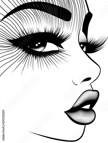 Elegant Line Art Beauty Illustration - A stunning monochrome illustration of a woman's profile featuring long lashes and expressive facial details photo