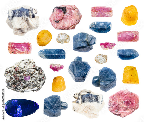 various samples of raw corundum minerals isolated
