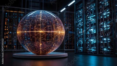 A self-learning AI supercomputer visualized as a glowing data sphere.