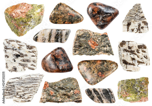 various samples of raw granite minerals isolated photo