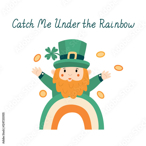 Cute hand-drawn St. Patrick’s Day illustration with a cheerful leprechaun, rainbow, gold coins, and festive lettering. Perfect for greeting cards, posters, and decorations