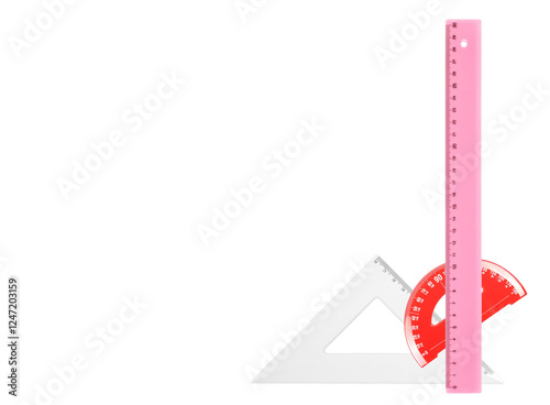 Colorful plastic triangle, ruler and semicircle, isolated on white background, top view