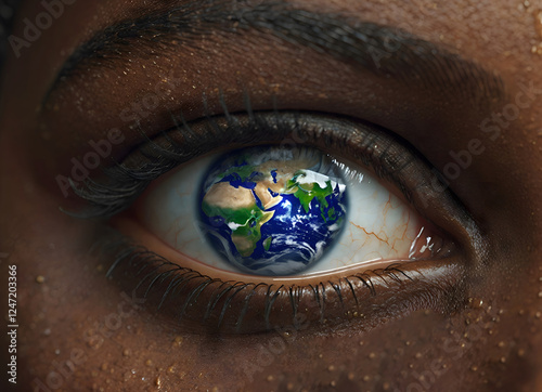 Close-up of a human eye with the Earth as the iris, symbolizing global awareness, world peace, diversity, and unity.