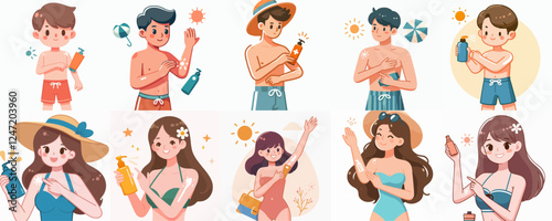 vector set of a person applying sun block in summer