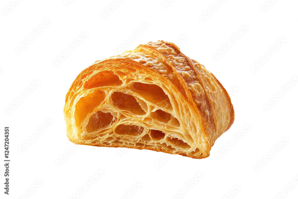 A sliced golden brown croissant shows its layered interior A sliced golden brown croissant shows its layered interior