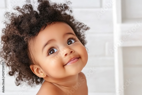 Cheerful baby girl with afro curls smiling brightly in a cozy home interior