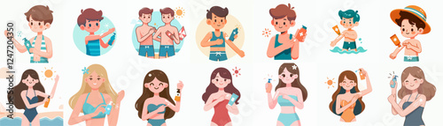 vector set of a person applying sun block in summer