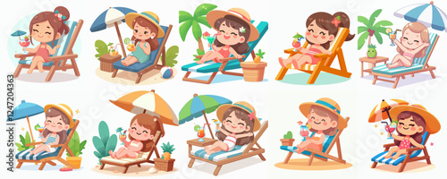 vector set of a sunbather on a summer beach