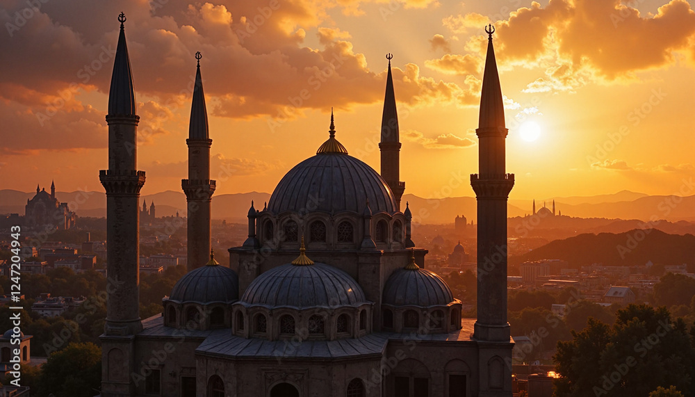 Fototapeta premium Magnificent mosque dome reflecting sunset, serene architecture