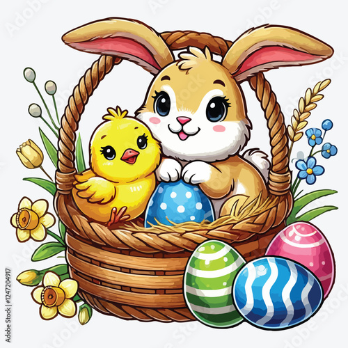 Little rabbit and chick with egg painted in basket stock illustration