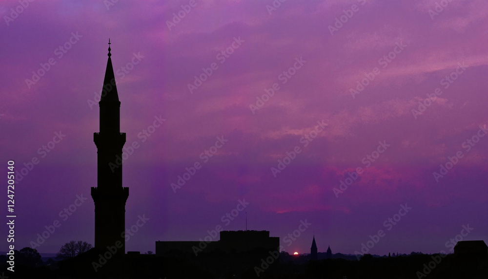 Fototapeta premium Silhouette of slender minaret against fading purple horizon, serenity
