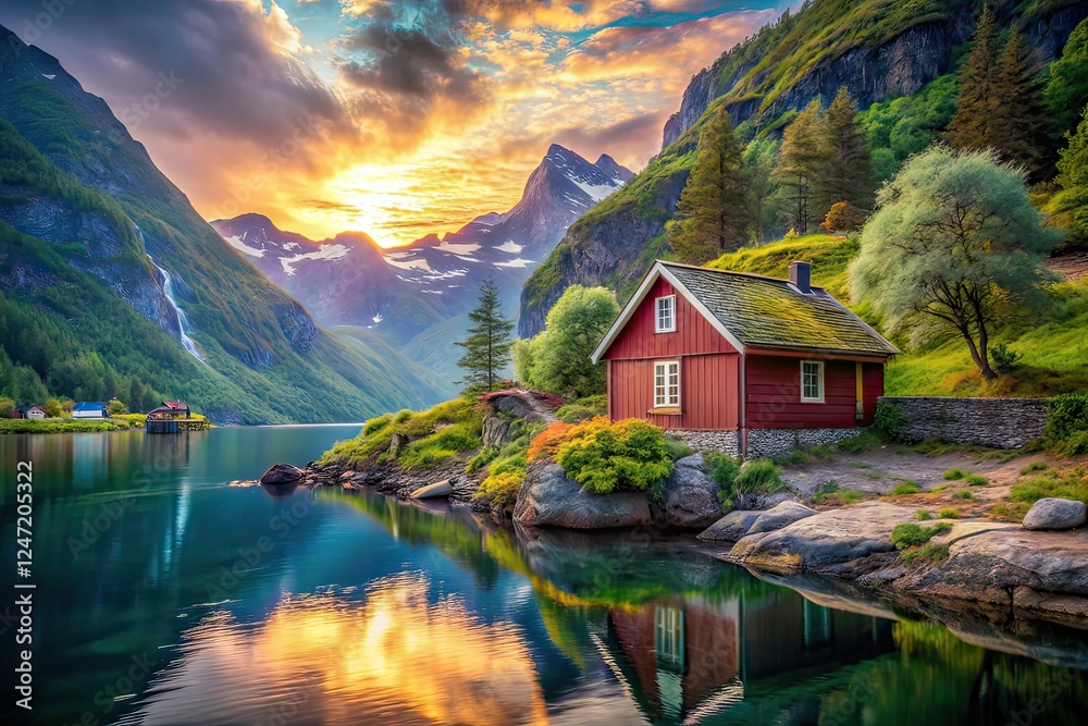 Fototapeta premium Surreal Norwegian Fjord Cottage, Dreamy Landscape, AI Art