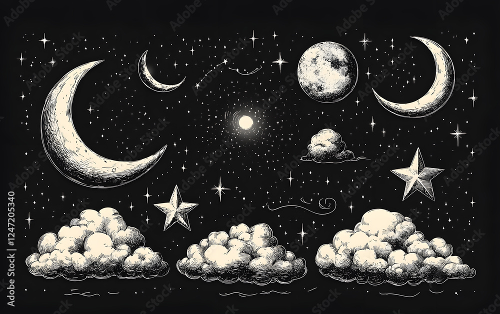 Naklejka premium Night sky celestial hand-drawn elements design