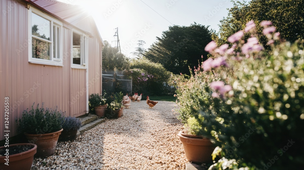 Fototapeta premium Free range chickens exploring a sunny yard near vibrant flowers and a cozy coop