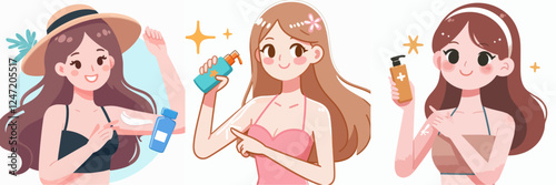 vector set of a person applying sun block in summer