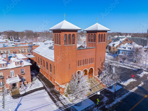 Scared Heart Parish church aerial view in winter with Italianate style at 1317 Centre Street in Newton Centre, Boston metropolitan, Massachusetts MA, USA. photo