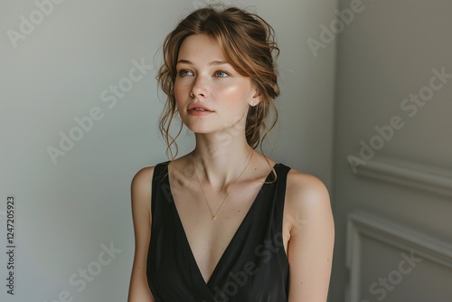 Elegant young woman in a black satin dress, standing against a minimalistic neutral background, soft natural light, confident and poised, timeless beauty and sophisticated fashion, modern elegance

