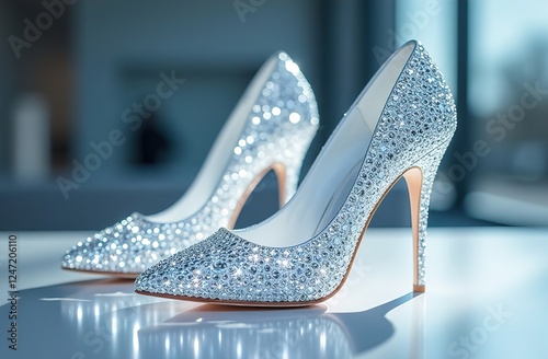 Light high heel shoes with rhinestones. Wedding accessories on a light background. photo