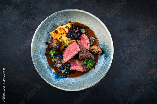 Barbecue dry aged venison steaks - deer entrecote cut English roasted with grilled mushrooms, fruit berry gravy sauce and panettone herbs served as top view on a design plate with copy