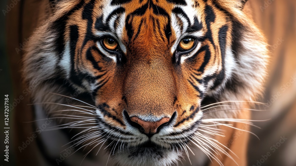 Front View Tiger Fur Skin Texture with Stripes - Close view of majestic tiger showcasing its striking fur pattern and piercing eyes symbolizing strength, ferocity, beauty, nature, and wildlife. Front View Tiger Fur Skin Texture with Stripes - Close view of majestic tiger showcasing its striking fur pattern and piercing eyes symbolizing strength, ferocity, beauty, nature, and wildlife.