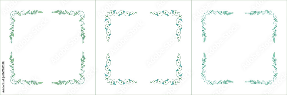 Set of three elegant green vegetal ornamental frames with leaves and butterflies, decorative border. Isolated vector illustration. Floral frame.
Set of three elegant green vegetal ornamental frames with leaves and butterflies, decorative border. Isolated vector illustration. Floral frame.