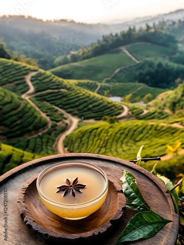 Aerial View of Tea Cup and Plantation photo