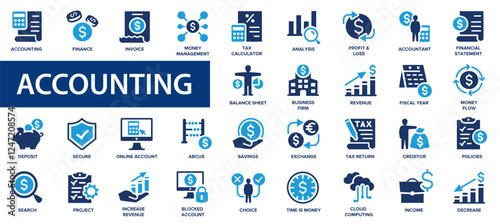 Accounting related flat icons set. Invoice, tax calculator, accountant, business firm, tax return and more.