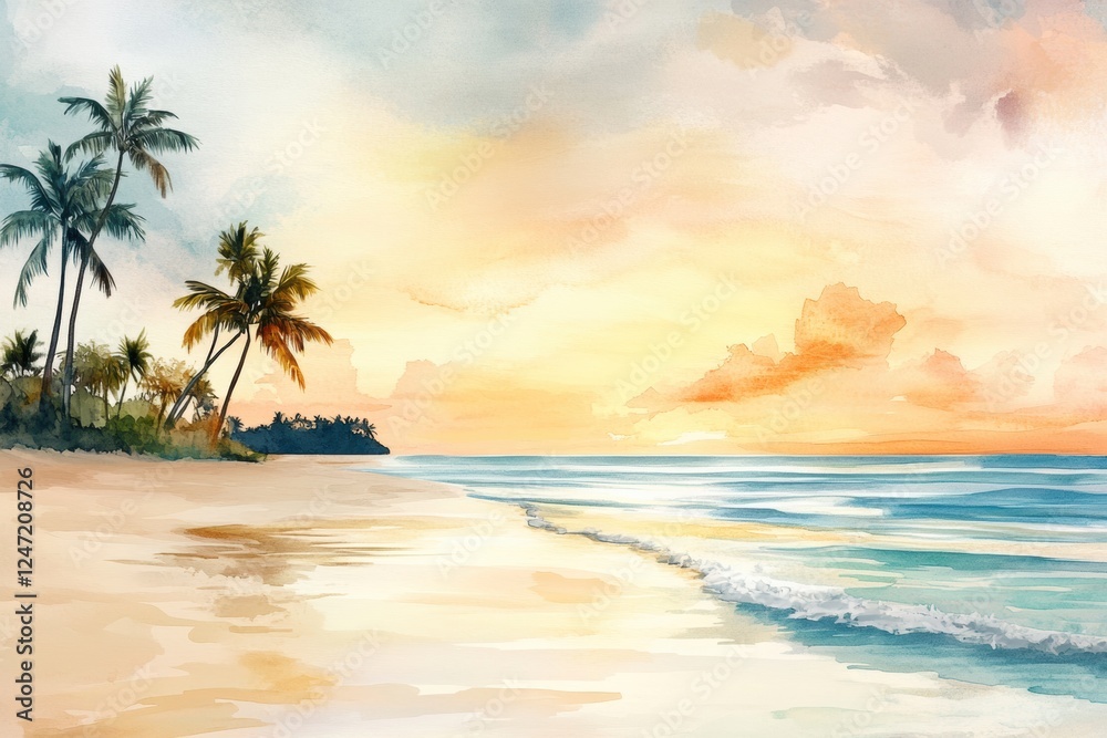 Sunset at the beach with palm trees and gentle waves in a serene watercolor landscape. Generative AI Sunset at the beach with palm trees and gentle waves in a serene watercolor landscape. Generative AI