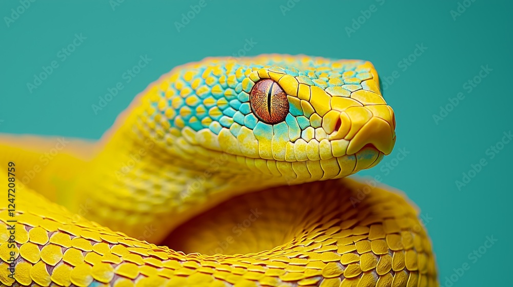 Fototapeta premium Vibrant Yellow Snake Coiled in Spiral with Striking Blue and Yellow Scales
