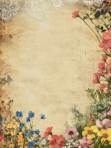 Delicate Pressed Flowers on Antique Paper