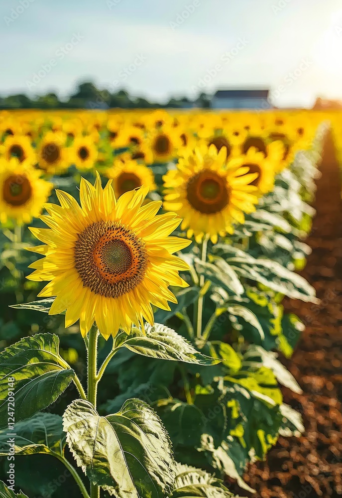Fototapeta premium Vibrant Sunflower Field Winding Through Scenic Landscape at Golden Hour Light