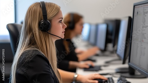 Focused Customer Service Agent: A young woman with blonde hair, wearing a headset, intently focuses on her computer screen in a modern office setting, providing excellent customer service.