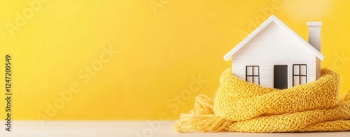 Home in a knitted scarf on a yellow background, Concept of the heating system in a winterized house. keeping warm in the house. House insulation	 photo