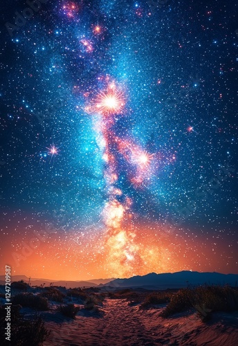 Stunning Fireworks Exploding in a Clear Night Sky Over Serene Desert Landscape
